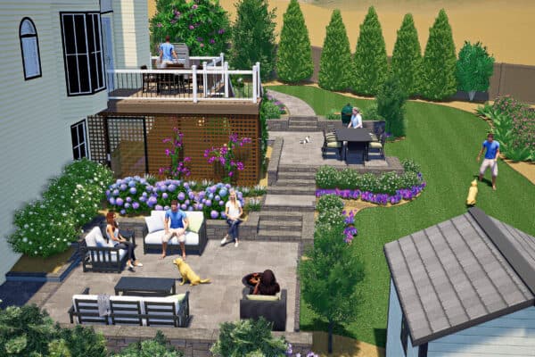 3d landscape design showing terraced decks and paving in Lawrenceville 1