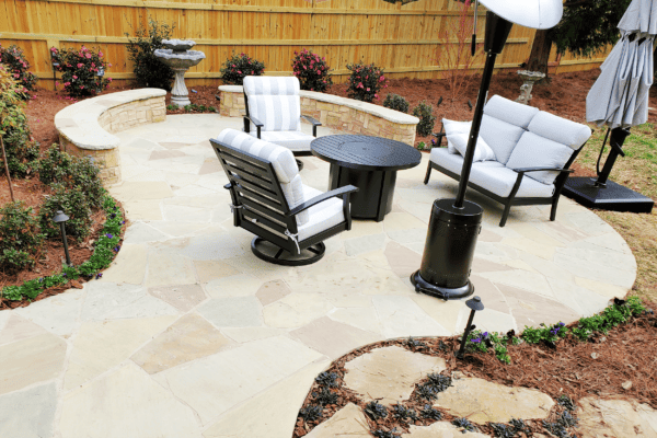 Flagstone Patio with Stone Seating Wall Masonry for Greenland